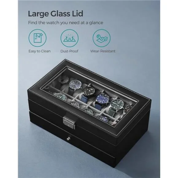 Watch Box 12-Slot Watch Case Organizer with Large Glass Lid 2 Layers
